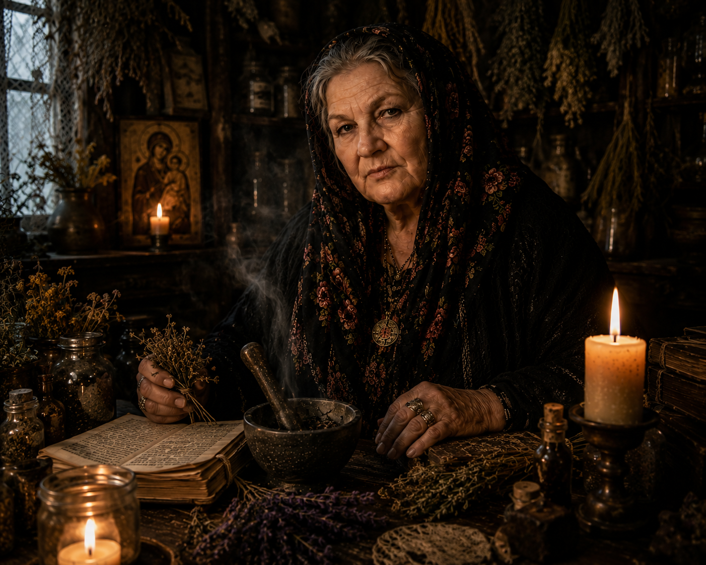 Haggath holding dried herbs in her wooden hut